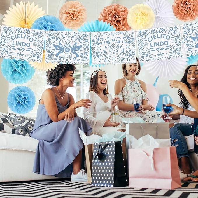 18 Pcs Cielito Lindo Party Decoration Cielito Lindo Decorations Hanging Paper Fans Pom Poms and Paper Banner for Bridal Shower, Fiesta, Engagement, Mexican Baby Shower(Blue)