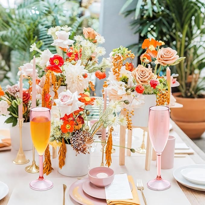 JLYLOL Champagne Flutes 5.4OZ Plastic Champagne Glasses Wine Glasses Plastic Goblets for Parties Mimosa Bar Glasses Stemmed Drinking Cups for Wedding Celebration Christmas Birthday Bride (Clear Pink)