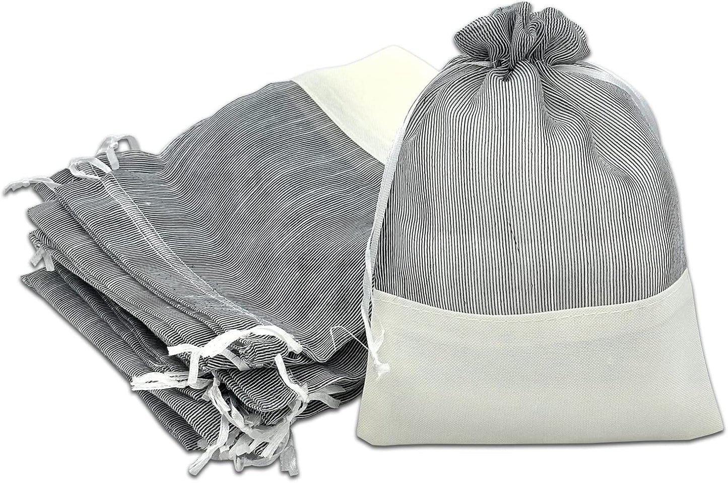 TheDisplayGuys For Your Modern Living 24-Pack Linen & Black Organza Gift Bags with Drawstrings (Large 5 1/2 x 8) - Party Favors, Samples, Treats Mesh Pouches