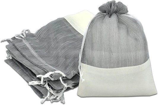 TheDisplayGuys For Your Modern Living 24-Pack Linen & Black Organza Gift Bags with Drawstrings (Large 5 1/2 x 8) - Party Favors, Samples, Treats Mesh Pouches