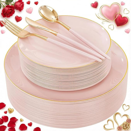 DaYammi 150Pcs Pink Plastic Plates with Gold Rimmed,Heavy Duty Plastic Plates - Pink Disposable Plate Included 30 Dinner plate,30 Dessert plate,30 Knives,30 Forks,30 Spoons for Mother's Day Party