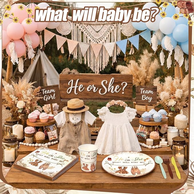 168 Pcs Boho Clothes Gender Reveal Party Favors Neutral Gender Reveal Plates and Napkins Sets He or She Baby Shower Party Supplies Disposable Tableware Set Serve 24