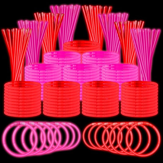 Lenwen 1000 Pcs Valentine's Day Glow Sticks Bulk 8 Inch Glow Bracelets Glowing in the Dark Light up Sticks with Connectors for Neon Birthday Party Favors Supplies Decorations(Red, Pink)
