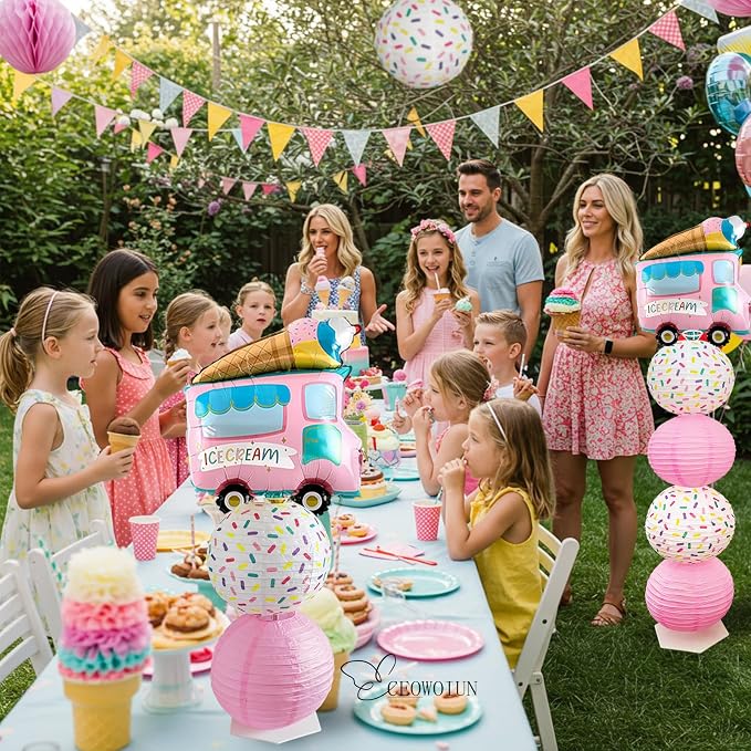 Ice Cream Balloon Column Stand Kit and Paper Lantern 2 Sets 5 Feet with Reusable Metal Telescopic Design for Ice Cream Parties, Birthday Decorations for Girls,Wedding