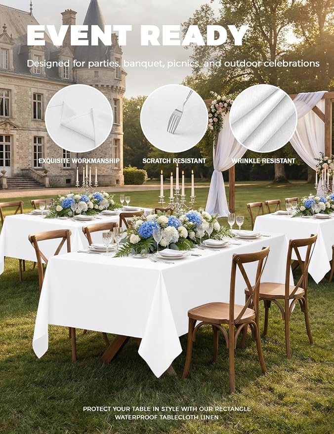 Decorelia Faux Linen White Table Cloths for 4 Ft Rectangle Tables-6 Pack, Washable Polyester Rustic Fabric Faux Linen Table Cloth Cover for Wedding,Outdoor,Events, Party,Banquet, Dining, 60x84 Inch