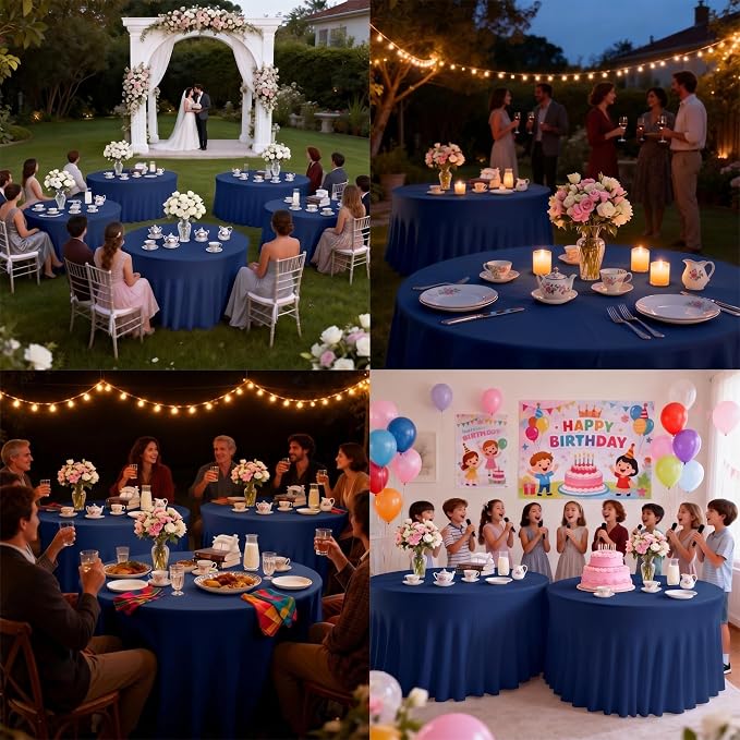 10 Pack Navy Blue Round Spandex Tablecloths for 60in Tables, 120 Inch Stretch Fitted Table Skirts, Wrinkle-Free Washable Polyester Covers for Wedding, Banquet & Party