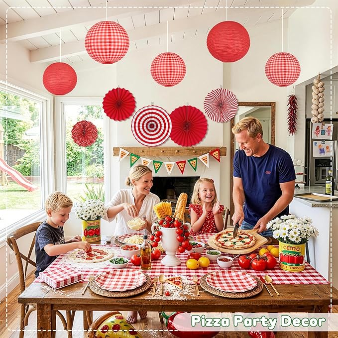 15 Pcs Red Gingham Party Decorations, 12 Inch Hanging Paper Lanterns and Fans for Picnic, BBQ, Pizza Party, Crawfish Boil, Birthday, Baby Shower, Graduation