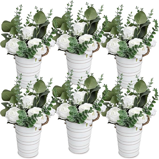 6 PCS Large Wedding Flower Table Centerpieces - 10 Inches Artificial Floral Arrangement with Rustic Tall Metal Vase for Wedding Birthday Party Bridal Baby Shower Event Decorations - White