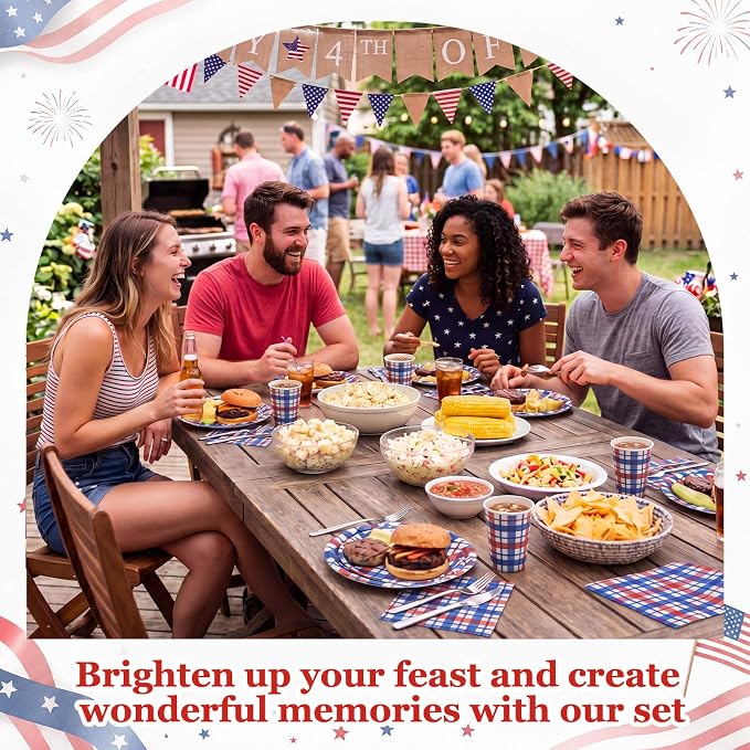Pickmesh 250 Pcs Red White Blue Paper Plates and Napkins Set, 4th of July Patriotic Plaid Party Supplies Serves 50, 9" & 7" Plates with 9oz Cups and 6.5" Napkins for 250th Veterans Day Summer Party