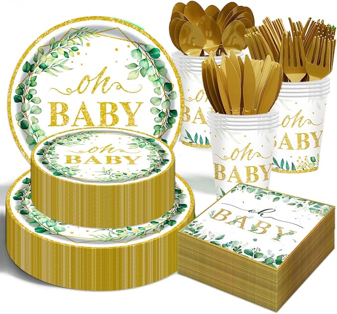 Sage Greenery Baby Shower Party Supplies - 350 PCS Gender Neutral Disposable Dinnerware Set (50 Guest) with OH Baby Paper Plates and Cups and Napkins Sets for Baby Girl Boy Shower Decorations