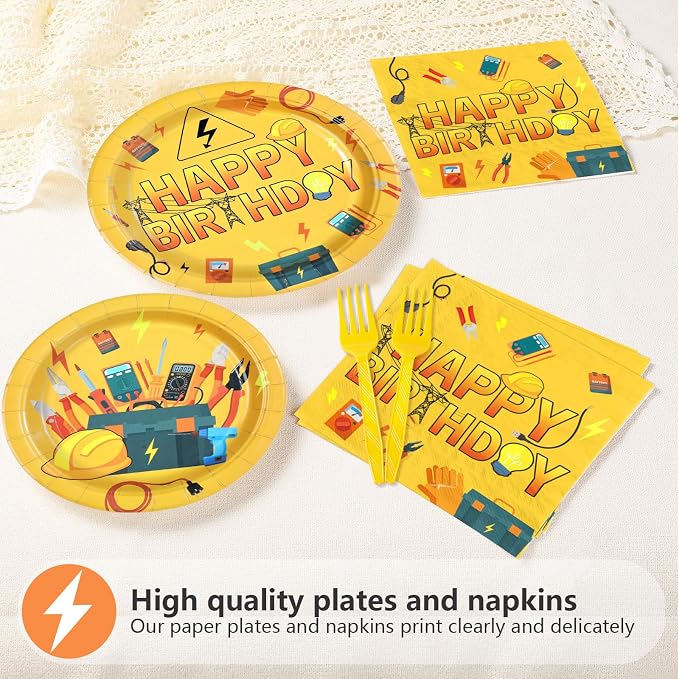 96Pcs Electrician Birthday Party Decorations Electrician Lineman Plates and Napkins Handyman Tools Decoration for Man Congrats Grad Construction Builder Carpentry Party Supplies Serves 24