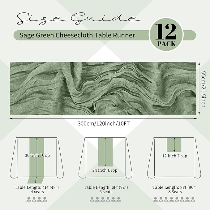 12 Pack Sage Green Cheesecloth Table Runner 120 inch Fall Thanksgiving Boho Rustic Gauze Farmhouse 10FT Cheese Cloth Runner for Baby Shower Wedding Party Holiday Home Decor