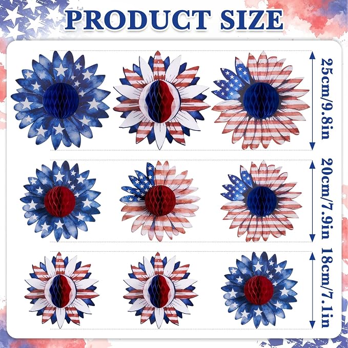 SUNBEAUTY 4th of July Patriotic Decorations Red White Blue Hanging Honeycomb Balls Independence Day Paper Honeycomb Flower for Memorial Day USA Flag Veterans 250th Anniversary Party Supplies