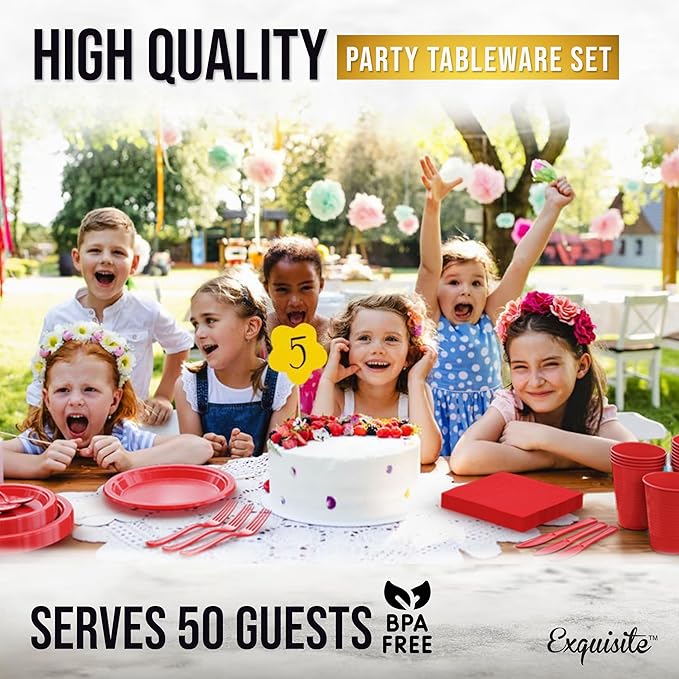 350 Pcs Red Plastic Plates For Party, Red Disposable Plates Set, 50 Of Each 9" Dinner Plate Set, 7" Dessert Plate, Cups, Napkins & Cutlery Plastic Dinnerware Set Exquisite