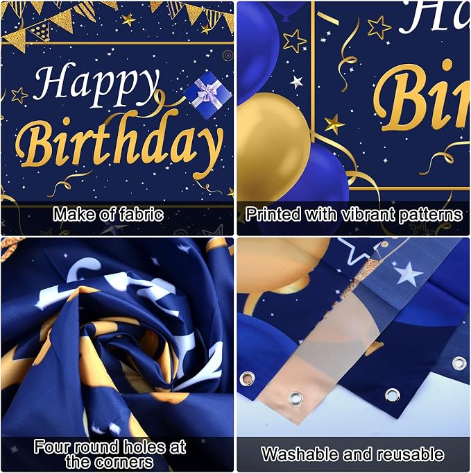 Blue and Gold Birthday Decorations for Men Women, Happy Birthday Decorations fo Boys Girls Party Decoration Backdrop & Tablecloth Balloons Arch Kit Confetti Balloons Foil Fringe Curtains Table Cover
