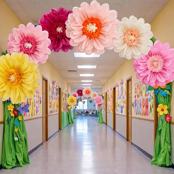 Giegxin 6 Pcs 31.5", 24" Giant Colorful Paper Flowers Mexican Fiesta Tissue Flowers for Wall Decorations Pink White Yellow Large Crepe Flower for Wedding Birthday Classroom Bridal Shower Bachelorette