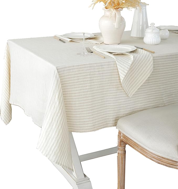 Linen World Stripe Linen Tablecloth,100% French Natural Stripe Table Cloth 55" x 55" Inch,Washable Square Tablecloth for Dining,Outdoor,Weddings and Restaurants,Decorative Thanksgiving Christmas