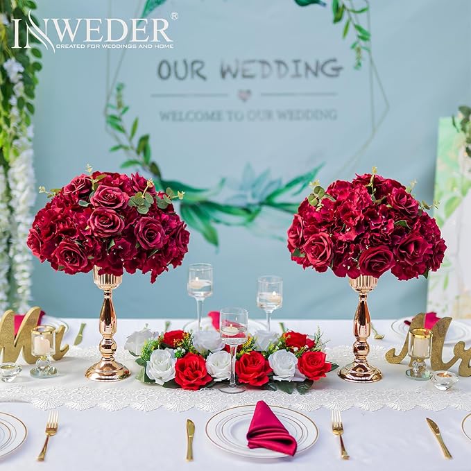 Red Roses Flowers Balls for Centerpieces: 6 PCS 15.7" Diam Flower Centerpieces for Tables in Wedding Reception Decorations Arrangement for Party Celebration Planners