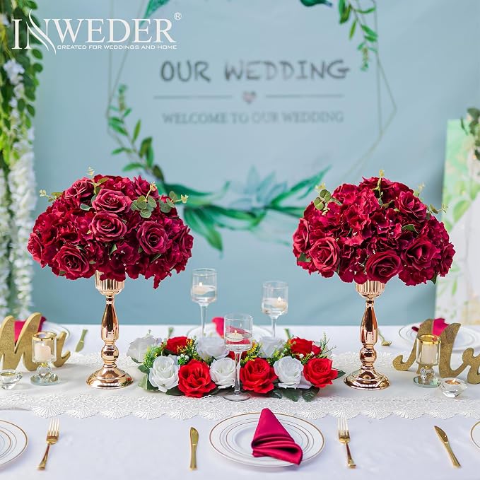Red Roses Flowers Balls for Centerpieces: 2 PCS 15.7" Diam Flower Centerpieces for Tables in Wedding Reception Decorations Arrangement for Party Celebration Planners