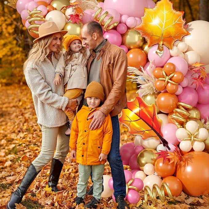 Fall Balloon Arch Kit, Thanksgiving Balloon Garland with Hot Pink Orange Gold Balloons with Leaf Foil Balloons for Thanksgiving Autumn Fall Birthday Baby Shower Party Decorations