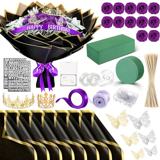 Money Bouquet Kit 12 Pcs Glitter Roses 20 Sheet Flower Wrapping Paper DIY Flower Bouquet Floral Foam Blocks Sticker for Anniversary Birthday Mother's Day Graduation(Purple)