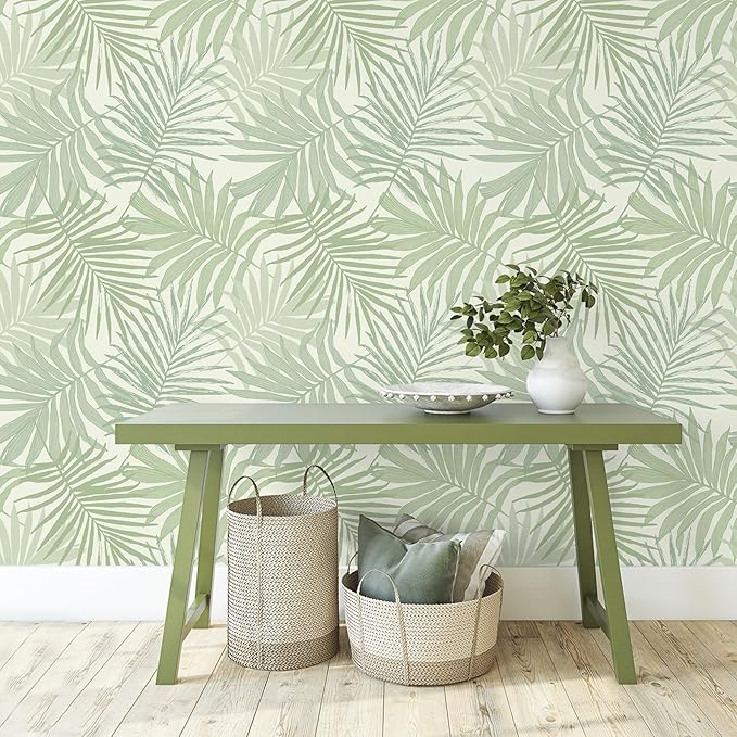VEELIKE Green Tropical Wallpaper Peel and Stick Boho Palm Leaf Wallpaper for Bedroom Bathroom Walls 17.7''x354'' Self Adhesive Tropical Contact Paper Green Leaf Wall Paper Renter Friendly Removable