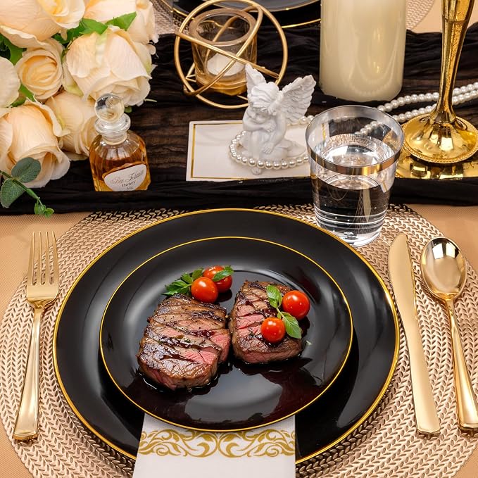 Supernal 350PCS Black and Gold Plastic Dinnerware Set (Serves 50 Guests) - Elegant Black Plates with Gold Rimmed Edges, Disposable Gold Silverware, Cups, Napkins for Party, Wedding,Celebration