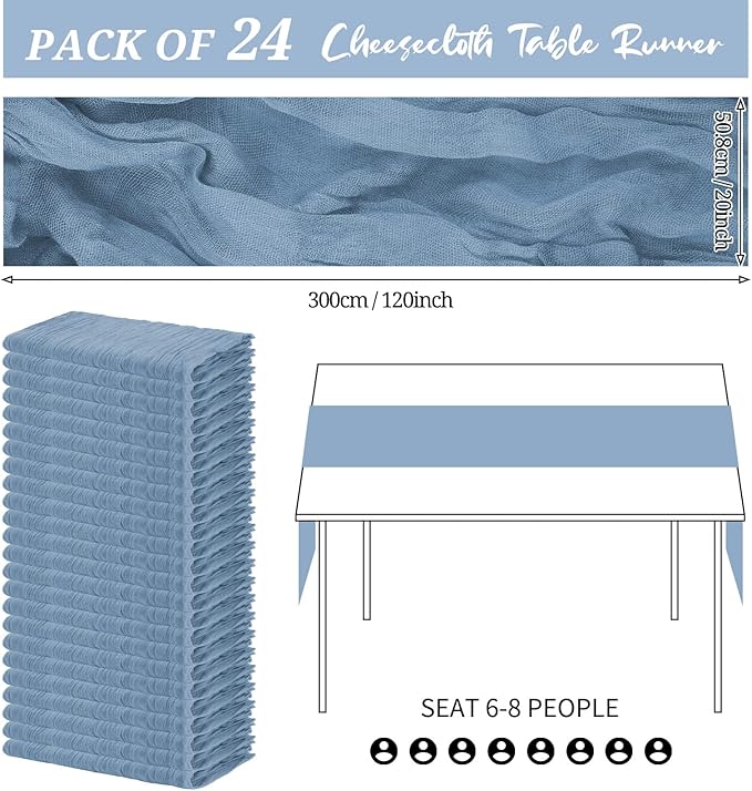 24 Pack Cheesecloth Table Runner 20 x 120 inch Cheese Cloth Table Runner Bulk,Romantic Boho Sheer Gauze Fabric Table Runners for Wedding Reception,Party,Bridal Shower Table Decor(Dusty Blue)