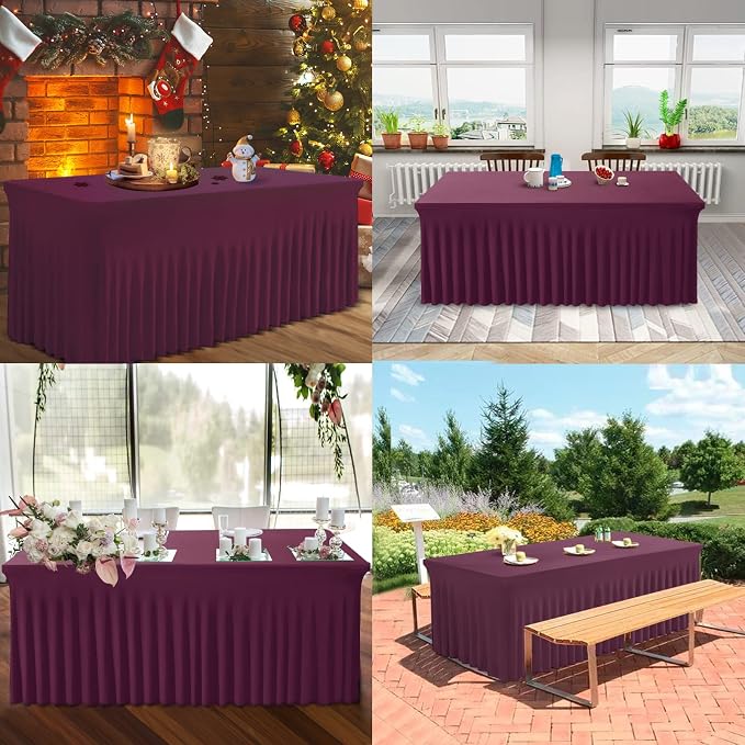 BDDC One-Piece Spandex Table Cover Skirt for 4FT Rectangle Tables | GRS-Certified Eco-Friendly Fabric, Elastic Fitted Ruffle Tablecloth, Washable, For Banquets, Weddings & Parties