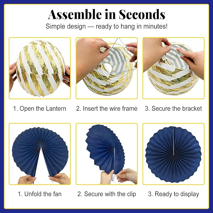 Blue and Gold Party Decorations - 22Pcs Hanging Navy Royal Blue White and Gold Paper Lanterns, Pom Poms, Fans & Honeycomb Balls for Graduation, Birthday, Retirement & Royal Theme Party Supplies