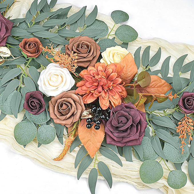 6Ft Burnt Orange Flower Garland, Fall Artificial Eucalyptus Garland with Flowers for Backdrop, Table Centerpiece, Fireplace, Rustic Wedding Arch Flowers, Bridal Shower Party Decor