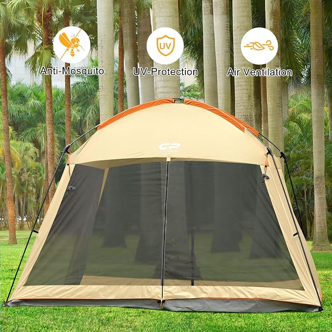 CAMPROS CP Screen House Room with 1 Side Wind/Sun Panel Canopy Tent Camping Tent Screen Shelter Gazebos for Patios Outdoor Camping Activities, 12'X12'X92in(H) - Beige