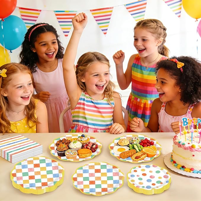 96Pcs Pastel Gingham Decorations Rainbow Gingham Plates and Napkins Colorful Striped Plaid Dots Tableware Set for Boys and Girls Baby Shower Pastel Birthday Preppy Party Supplies, Serves 24