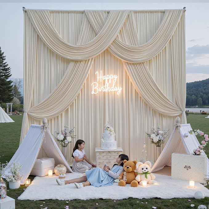 20ft x 15ft Beige Backdrop Curtains for Wedding Parties, 4 Panels Extra Long Wrinkle Free Fabric Drapes Photo Backdrop for Baby Shower Birthday Stage Reception Lobby Decoration