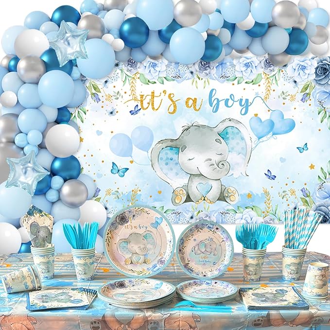 Elephant Baby Shower Decorations for Boy, 224 Pcs Blue Baby Shower Supplies(20 Guest) Includes Paper Plate, Cups, Napkins, Forks, Balloon Garland, Tablecloth, Backdrop
