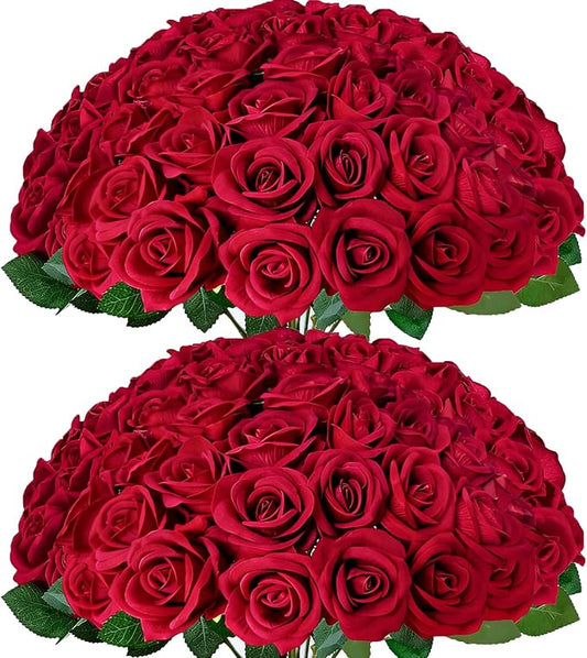 50Pcs Red Roses Artificial Flowers with Stems，Fake Roses Bouquet Fake Flowers Bulk，Silk Velvet Roses for Wedding Centerpieces Arrangement Baby Shower Birthday Home Decor Gifts