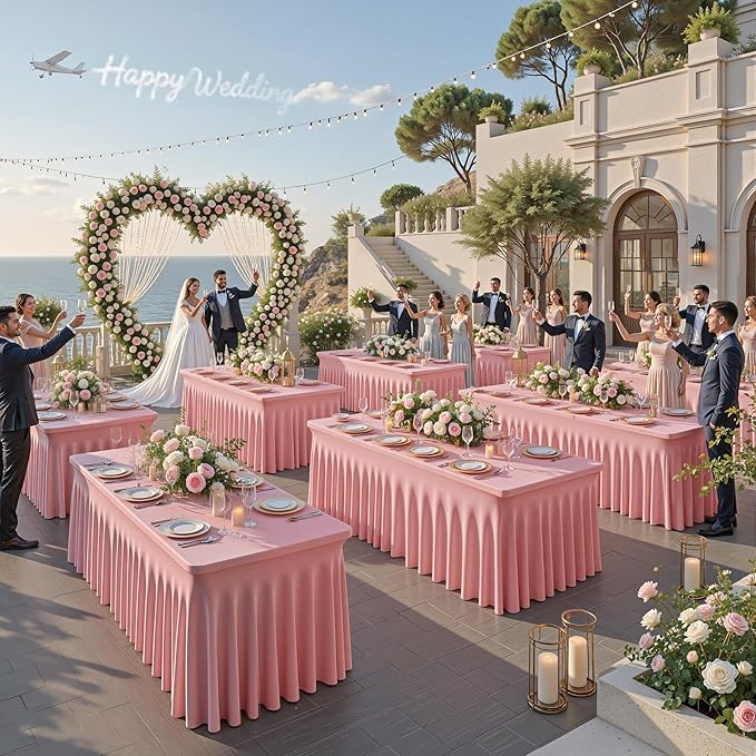 1 Pack Dusty Rose Table Clothes for 6 Foot Rectangle Tables, One-Piece Wrinkle Resistant Stretch Spandex Table Covers with Skirt for Event Banquet Wedding Birthday Party