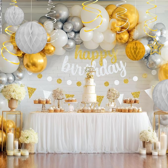Gold and Silver Birthday Party Decorations Set - Happy Birthday Banner Balloons Foil Curtains Hanging Swirls for Men Women Birthday Party Supplies