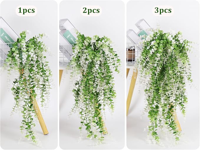 RECUTMS Fake Monkey Plants Hanging Eucalyptus Vines Fake Vines Faux Hanging Plants for Outdoor Garden Yard Backdrop Decor Indoor Room Table Wall Home Hanging Decoration(White)