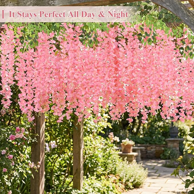 U'Artlines 24 Pack (Total 86.4 Feet) Artificial Fake Wisteria Vine Rattan Hanging Garland Silk Flowers String Home Party Wedding Decor (24, Fuchsia)