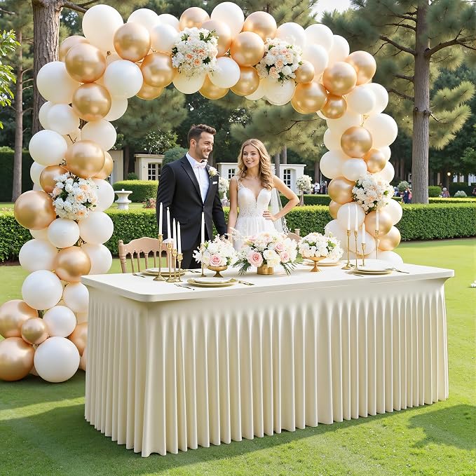 4 Pack Beige Table Cloth for 8 Foot Rectangle Tables Spandex Fitted Tablecloth 8ft Stretch Table Covers Skirt Beige Banquet Tablecloths Wrinkle Free Tablecloth for Party Wedding Birthday Event