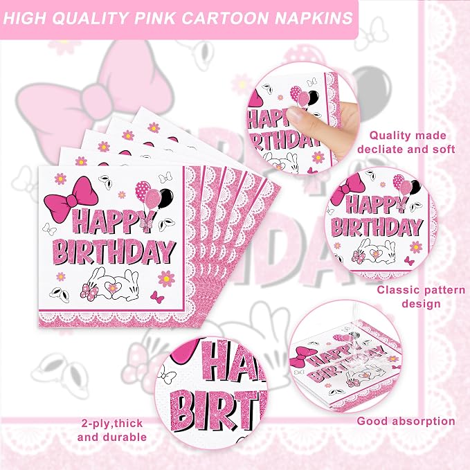 120pcs Pink Bow Mouse Plates Napkins Cartoon Birthday Party Supplies Disposable Paper Cups Pink Forks Tableware Set for Birthday Party Decorations 20 Guests