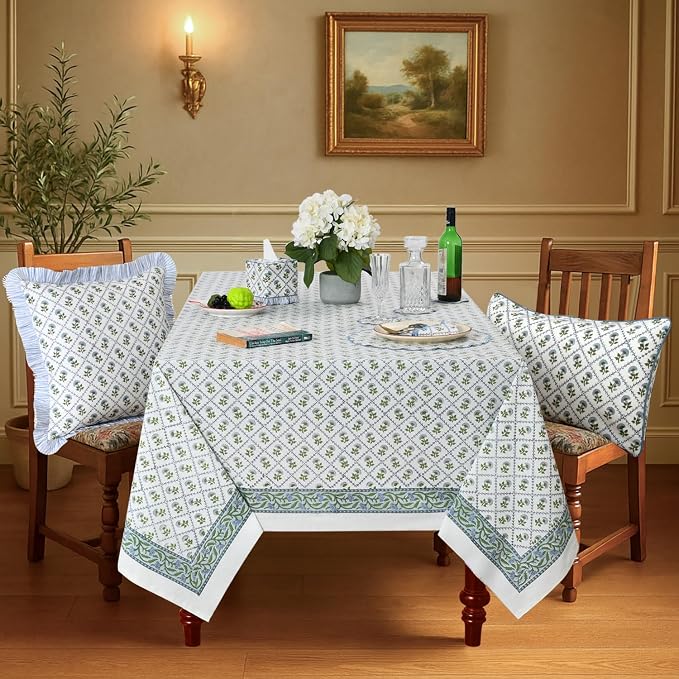 Ridhi Lattice Bloom Hand Block Print Cotton Rectangle Tablecloth 108" x 60" inches Reusable Table Cover Decorative Everyday Use for Dining Room, Farmhouse, Home Gift for Spring, Mother's Day