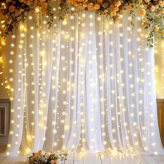 10ft x 10ft White Sheer Tulle Backdrop Curtains with Lights String for Party Wedding Wrinkle Free Curtain Backdrops Drapes for Baby Shower Birthday Party Photo Back Drop Background Home Decorations