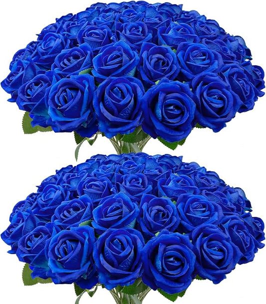 Wondrus Bulk Artificial Flowers 50 PCS, Fake Velvet Silk Blue Roses with Long Stems Realistic Bouquet for Mother's Day Wedding Centerpieces, Faux Arrangement for Home Table Decor