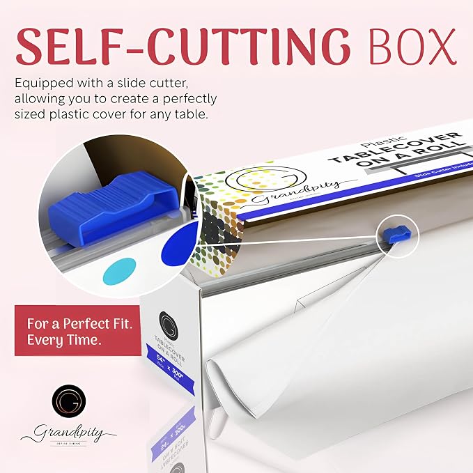 Grandipity Plastic Tablecloth Roll - 54in x 300 Ft. White Plastic Table Cloths for Parties Disposable with Cutter Box - Cut to Size Disposable Tablecloth Table Cover for Rectangle & Round
