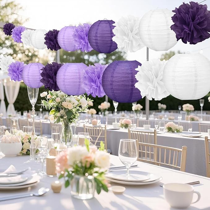 18pcs Purple Paper Lanterns Decoration Purple White Lavender Hanging Décor Pom Poms Paper Flower Party Supply for Baby Shower Wedding Valentine Birthday Party
