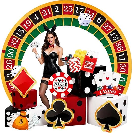 20 Pcs Casino Theme Party Decorations Kits Las Vegas Party Decorations Include 6 Giant Dice Box 13 Chip Cards 6.7ft Backdrop Casino Night Birthday Supplies Bunco Poker Table Centerpiece