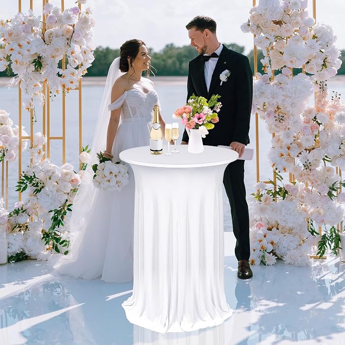 Kochorie 8 Pieces Cocktail Table Skirt Round Cocktail Table Covers 32 x 43 Inch Spandex Stretch High Top Table Cloth for Wedding Table Bar Banquet Party Supplies (White)