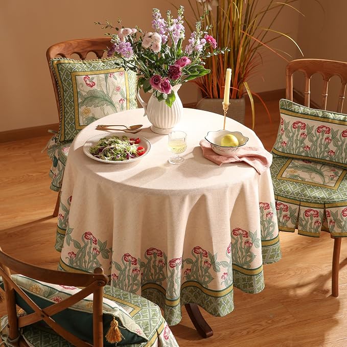 patdrea Vintage French Linen Tablecloth,Round,Diameter 67"-Cecilia D | Colorful Elegant Table Cloth for Round Table,Floral Vine Patterned,Dining Room Tea Party Thanksgiving Decor